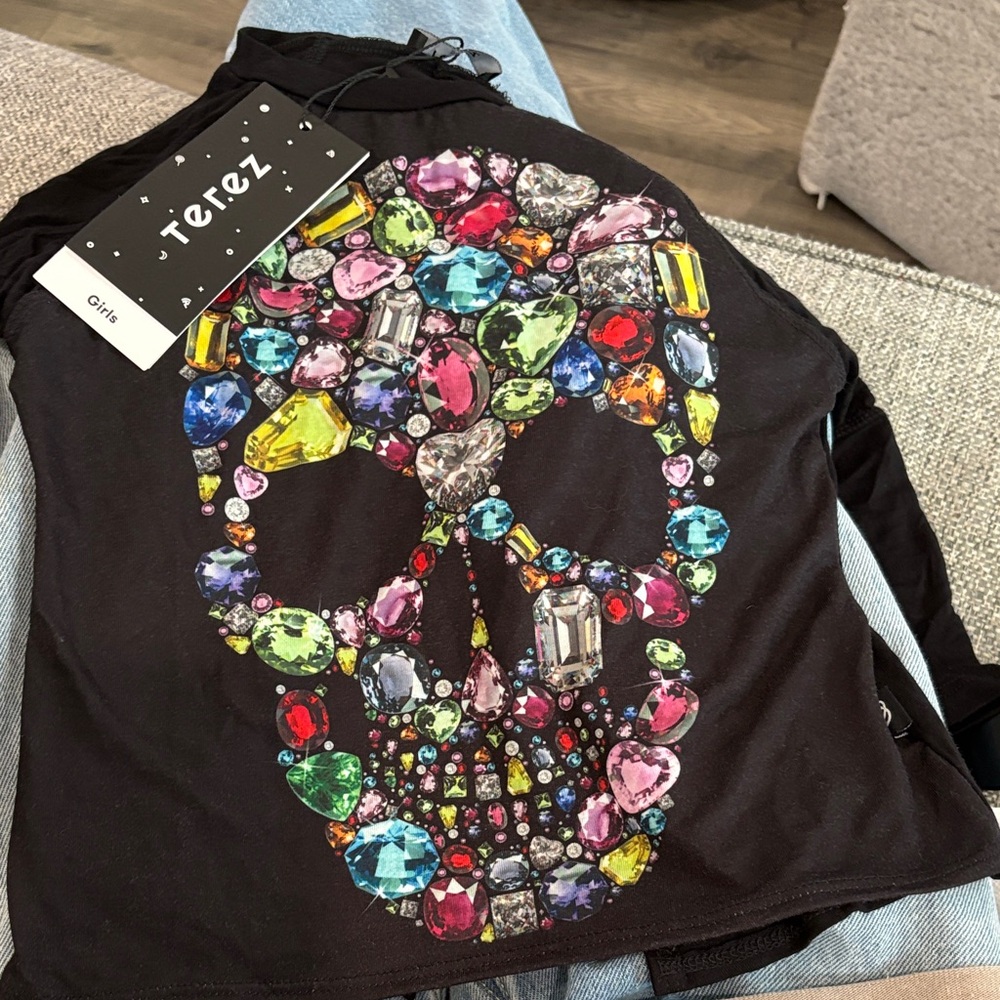 Terez Black Top with Gemstone Skull Design